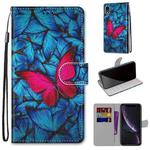 For iPhone XR Coloured Drawing Cross Texture Horizontal Flip PU Leather Case with Holder & Card Slots & Wallet & Lanyard(Blue Red Butterfly)