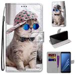 For Samsung Galaxy A8 2018 Coloured Drawing Cross Texture Horizontal Flip PU Leather Case with Holder & Card Slots & Wallet & Lanyard(Oblique Hat Blue Mirror Cat)