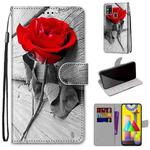 For Samsung Galaxy M31 Coloured Drawing Cross Texture Horizontal Flip PU Leather Case with Holder & Card Slots & Wallet & Lanyard(Red Rose On Wooden)