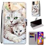For Samsung Galaxy M31s Coloured Drawing Cross Texture Horizontal Flip PU Leather Case with Holder & Card Slots & Wallet & Lanyard(Big Cat Hugging Kitten)