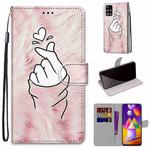 For Samsung Galaxy M31s Coloured Drawing Cross Texture Horizontal Flip PU Leather Case with Holder & Card Slots & Wallet & Lanyard(Pink Hands Than Hearts)