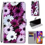 For Samsung Galaxy M31s Coloured Drawing Cross Texture Horizontal Flip PU Leather Case with Holder & Card Slots & Wallet & Lanyard(Chrysanthemum Pink White Purple)
