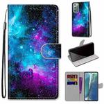 For Samsung Galaxy Note20 Coloured Drawing Cross Texture Horizontal Flip PU Leather Case with Holder & Card Slots & Wallet & Lanyard(Purple Green Starry Sky)