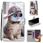For Samsung Galaxy Note20 Ultra Coloured Drawing Cross Texture Horizontal Flip PU Leather Case with Holder & Card Slots & Wallet & Lanyard(Oblique Hat Blue Mirror Cat)