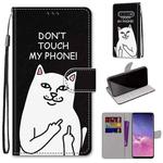 For Samsung Galaxy S10 Coloured Drawing Cross Texture Horizontal Flip PU Leather Case with Holder & Card Slots & Wallet & Lanyard(Middle Finger White Cat)