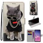 For Samsung Galaxy S10e Coloured Drawing Cross Texture Horizontal Flip PU Leather Case with Holder & Card Slots & Wallet & Lanyard(Golden Chain Grey Cat)