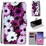 For Samsung Galaxy S10+ Coloured Drawing Cross Texture Horizontal Flip PU Leather Case with Holder & Card Slots & Wallet & Lanyard(Chrysanthemum Pink White Purple)