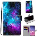 For Samsung Galaxy S10+ Coloured Drawing Cross Texture Horizontal Flip PU Leather Case with Holder & Card Slots & Wallet & Lanyard(Purple Green Starry Sky)