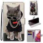 For Samsung Galaxy S20 FE 5G Coloured Drawing Cross Texture Horizontal Flip PU Leather Case with Holder & Card Slots & Wallet & Lanyard(Golden Chain Grey Cat)