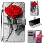 For Samsung Galaxy S20 FE 5G Coloured Drawing Cross Texture Horizontal Flip PU Leather Case with Holder & Card Slots & Wallet & Lanyard(Red Rose On Wooden)