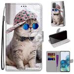 For Samsung Galaxy S20+ Coloured Drawing Cross Texture Horizontal Flip PU Leather Case with Holder & Card Slots & Wallet & Lanyard(Oblique Hat Blue Mirror Cat)