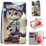 For Samsung Galaxy S21 5G Coloured Drawing Cross Texture Horizontal Flip PU Leather Case with Holder & Card Slots & Wallet & Lanyard(Leather Shoes Cat)
