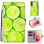 For Samsung Galaxy S21 5G Coloured Drawing Cross Texture Horizontal Flip PU Leather Case with Holder & Card Slots & Wallet & Lanyard(Lime)