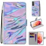 For Samsung Galaxy S21 5G Coloured Drawing Cross Texture Horizontal Flip PU Leather Case with Holder & Card Slots & Wallet & Lanyard(Fluorescent Water Pattern)