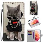 For Samsung Galaxy S21 5G Coloured Drawing Cross Texture Horizontal Flip PU Leather Case with Holder & Card Slots & Wallet & Lanyard(Golden Chain Grey Cat)
