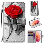 For Samsung Galaxy S21 5G Coloured Drawing Cross Texture Horizontal Flip PU Leather Case with Holder & Card Slots & Wallet & Lanyard(Red Rose On Wooden)