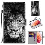 For Samsung Galaxy S21 5G Coloured Drawing Cross Texture Horizontal Flip PU Leather Case with Holder & Card Slots & Wallet & Lanyard(Black and White Lion Head)