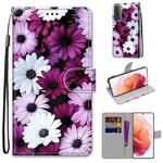For Samsung Galaxy S21 5G Coloured Drawing Cross Texture Horizontal Flip PU Leather Case with Holder & Card Slots & Wallet & Lanyard(Chrysanthemum Pink White Purple)