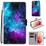 For Samsung Galaxy S21 5G Coloured Drawing Cross Texture Horizontal Flip PU Leather Case with Holder & Card Slots & Wallet & Lanyard(Purple Green Starry Sky)