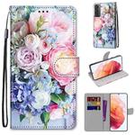 For Samsung Galaxy S21 5G Coloured Drawing Cross Texture Horizontal Flip PU Leather Case with Holder & Card Slots & Wallet & Lanyard(Light Pink Bouquet)