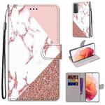 For Samsung Galaxy S21 5G Coloured Drawing Cross Texture Horizontal Flip PU Leather Case with Holder & Card Slots & Wallet & Lanyard(Stitching Pink Stone Pattern)