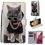 For Samsung Galaxy S21 Ultra 5G Coloured Drawing Cross Texture Horizontal Flip PU Leather Case with Holder & Card Slots & Wallet & Lanyard(Golden Chain Grey Cat)