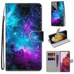 For Samsung Galaxy S21 Ultra 5G Coloured Drawing Cross Texture Horizontal Flip PU Leather Case with Holder & Card Slots & Wallet & Lanyard(Purple Green Starry Sky)