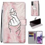 For Samsung Galaxy S21+ 5G Coloured Drawing Cross Texture Horizontal Flip PU Leather Case with Holder & Card Slots & Wallet & Lanyard(Pink Hands Than Hearts)