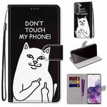 For Samsung Galaxy S21+ 5G Coloured Drawing Cross Texture Horizontal Flip PU Leather Case with Holder & Card Slots & Wallet & Lanyard(Middle Finger White Cat)