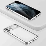 Sliding Lens Cover Mirror Design Four-corner Shockproof Magnetic Metal Frame Double-sided Tempered Glass Case For iPhone 11(Silver)