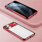 Sliding Lens Cover Mirror Design Four-corner Shockproof Magnetic Metal Frame Double-sided Tempered Glass Case For iPhone 11 Pro Max(Red)