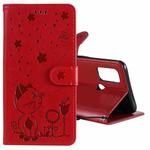 For OPPO A53 (2020) / A53s Cat Bee Embossing Pattern Shockproof Horizontal Flip Leather Case with Holder & Card Slots & Wallet(Red)