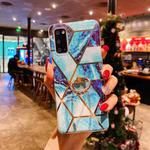 For Samsung Galaxy Note20 Ultra Electroplated Marble Pattern TPU Protective Case with Ring Holder(Blue)