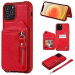 For iPhone 12 / 12 Pro Zipper Double Buckle Shockproof Protective Case with Stand & Photo Holder & Wallet Function(Red)