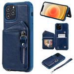 For iPhone 12 / 12 Pro Zipper Double Buckle Shockproof Protective Case with Stand & Photo Holder & Wallet Function(Blue)