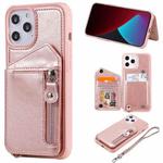 For iPhone 12 Pro Max Zipper Double Buckle Shockproof Protective Case with Stand & Photo Holder & Wallet Function(Rose Gold)