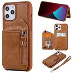 For iPhone 12 Pro Max Zipper Double Buckle Shockproof Protective Case with Stand & Photo Holder & Wallet Function(Brown)