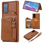 For Samsung Galaxy Note20 Zipper Double Buckle Shockproof Protective Case with Stand & Photo Holder & Wallet Function(Brown)
