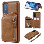 For Samsung Galaxy S20 FE Zipper Double Buckle Shockproof Protective Case with Stand & Photo Holder & Wallet Function(Brown)