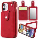 For iPhone 12 mini Shockproof Protective Case with Mirror & Card Slot & Short Lanyard (Red)