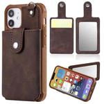 For iPhone 12 mini Shockproof Protective Case with Mirror & Card Slot & Short Lanyard (Coffee)