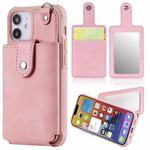 For iPhone 12 mini Shockproof Protective Case with Mirror & Card Slot & Short Lanyard (Pink)