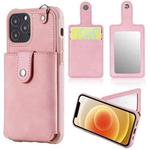 For iPhone 12 / 12 Pro Shockproof Protective Case with Mirror & Card Slot & Short Lanyard(Pink)