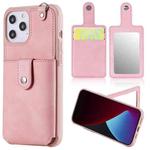 For iPhone 12 Pro Max Shockproof Protective Case with Mirror & Card Slot & Short Lanyard(Pink)