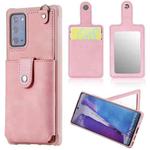 For Samsung Galaxy Note20 Shockproof Protective Case with Mirror & Card Slot & Short Lanyard(Pink)