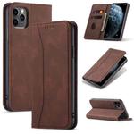 For iPhone 11 Skin-feel Calfskin Texture Magnetic Dual-Fold Horizontal Flip Leather Case with Holder & Card Slots & Wallet (Coffee)