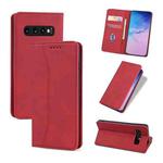 For Samsung Galaxy S10 Skin-feel Calfskin Texture Magnetic Dual-Fold Horizontal Flip Leather Case with Holder & Card Slots & Wallet(Red)