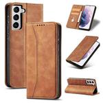 For Samsung Galaxy S21+ 5G Skin-feel Calfskin Texture Magnetic Dual-Fold Horizontal Flip Leather Case with Holder & Card Slots & Wallet(Brown)