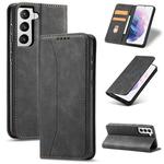 For Samsung Galaxy S21 5G Skin-feel Calfskin Texture Magnetic Dual-Fold Horizontal Flip Leather Case with Holder & Card Slots & Wallet(Black)