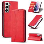 For Samsung Galaxy S21 5G Skin-feel Calfskin Texture Magnetic Dual-Fold Horizontal Flip Leather Case with Holder & Card Slots & Wallet(Red)